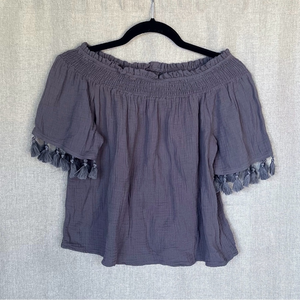 C&C California Blue Off-Shoulder Blouse with Tassels
